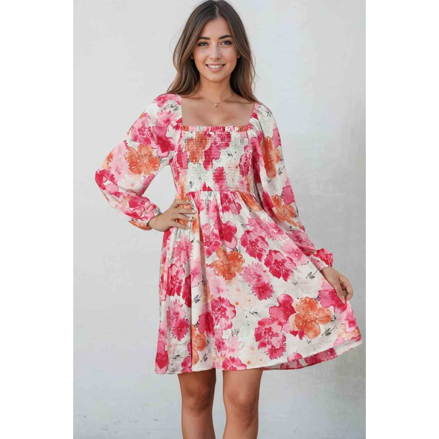 Floral Smocked Square Neck Long Sleeve Dress