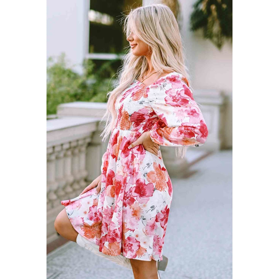 Floral Smocked Square Neck Long Sleeve Dress