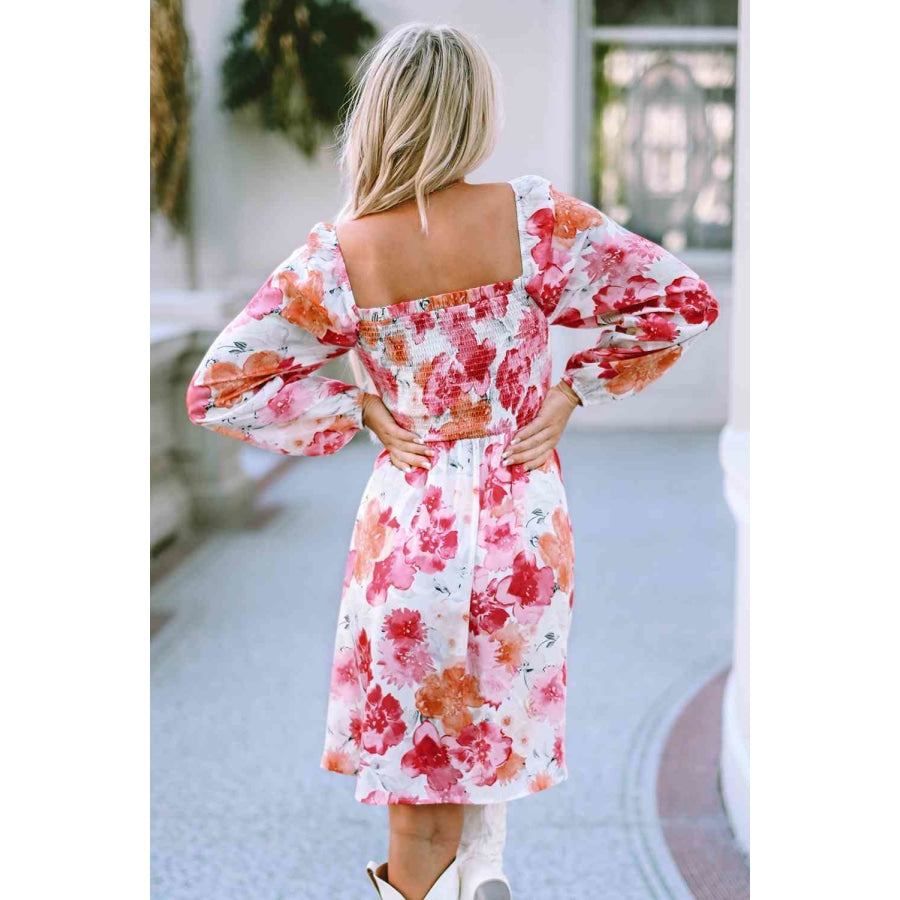 Floral Smocked Square Neck Long Sleeve Dress