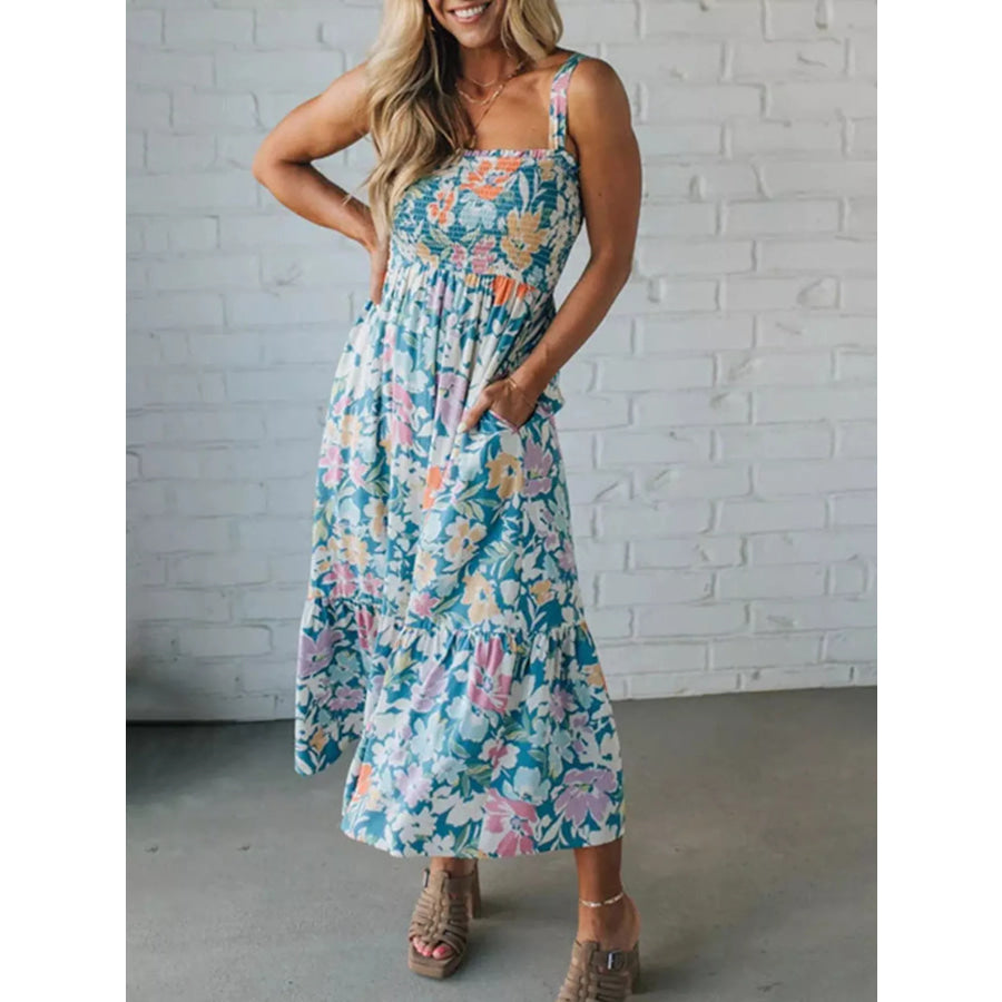 Floral Smocked Square Neck Midi Dress Blue / S Apparel and Accessories