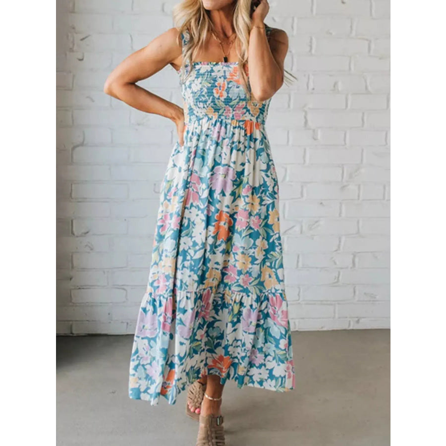 Floral Smocked Square Neck Midi Dress Blue / S Apparel and Accessories
