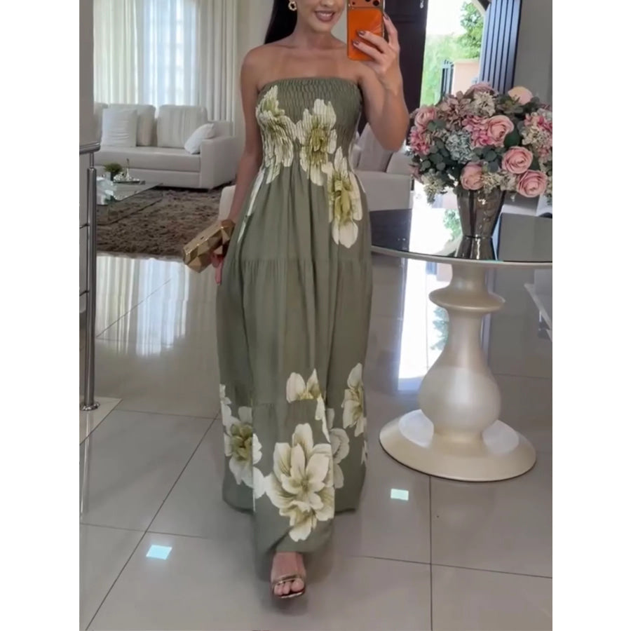 Floral Smocked Strapless Maxi Dress Apparel and Accessories