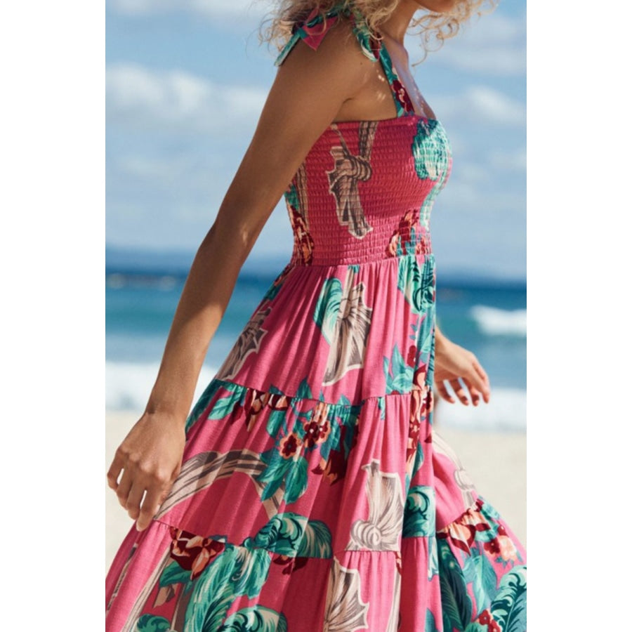 Floral Smocked Tie-Shoulder Tiered Dress