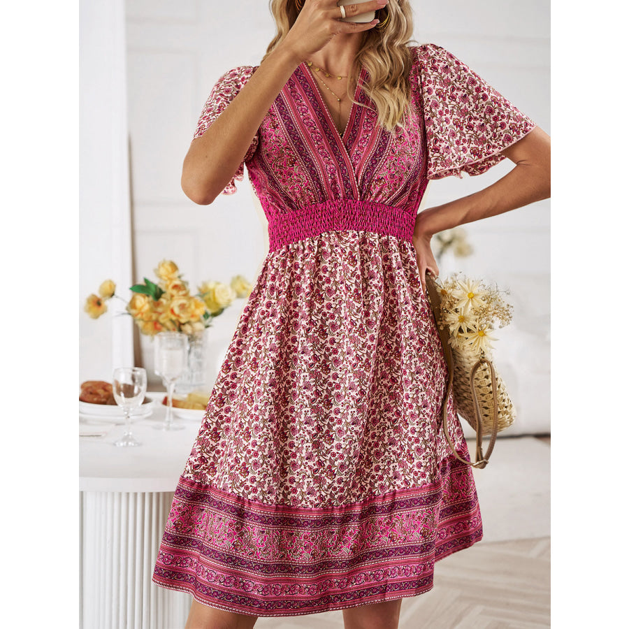 Floral Smocked Waist Short Sleeve Mini Dress Apparel and Accessories