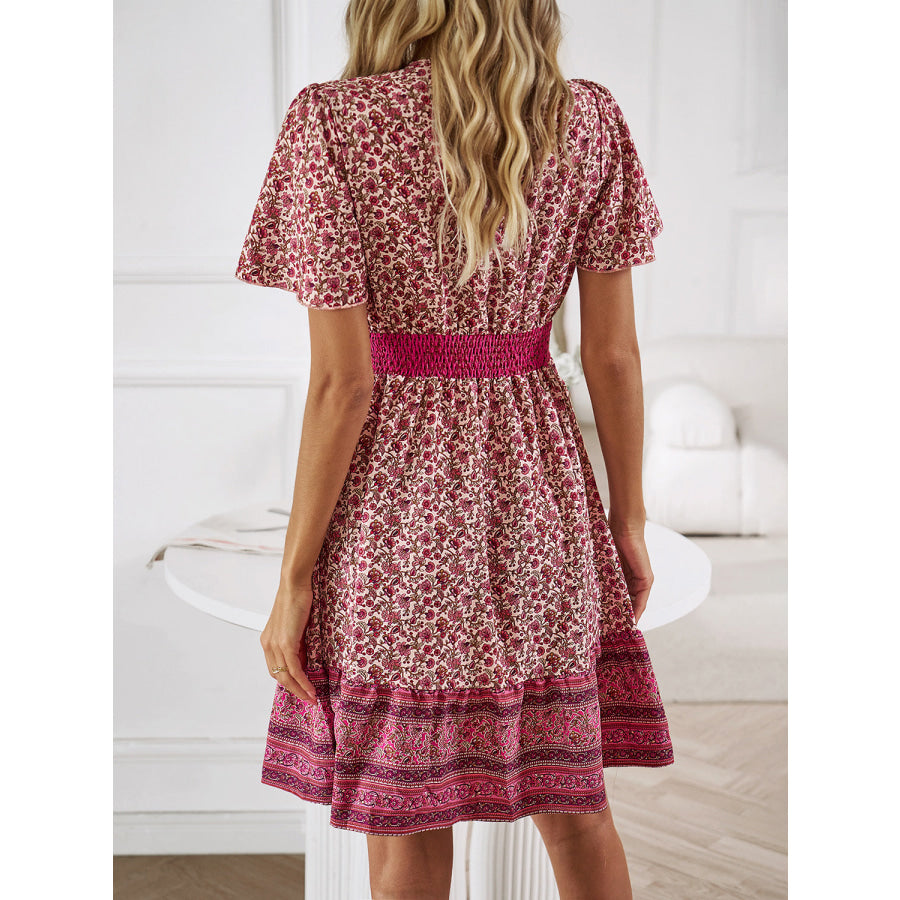 Floral Smocked Waist Short Sleeve Mini Dress Apparel and Accessories