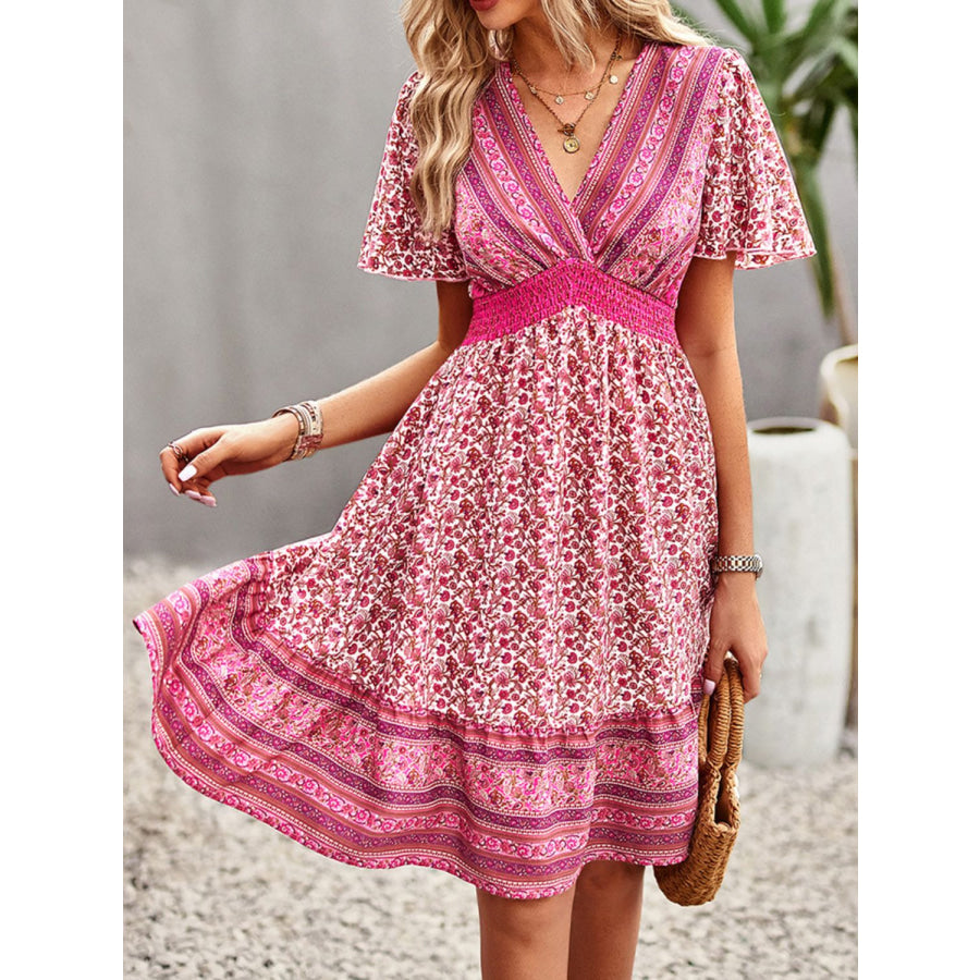 Floral Smocked Waist Short Sleeve Mini Dress Hot Pink / S Apparel and Accessories