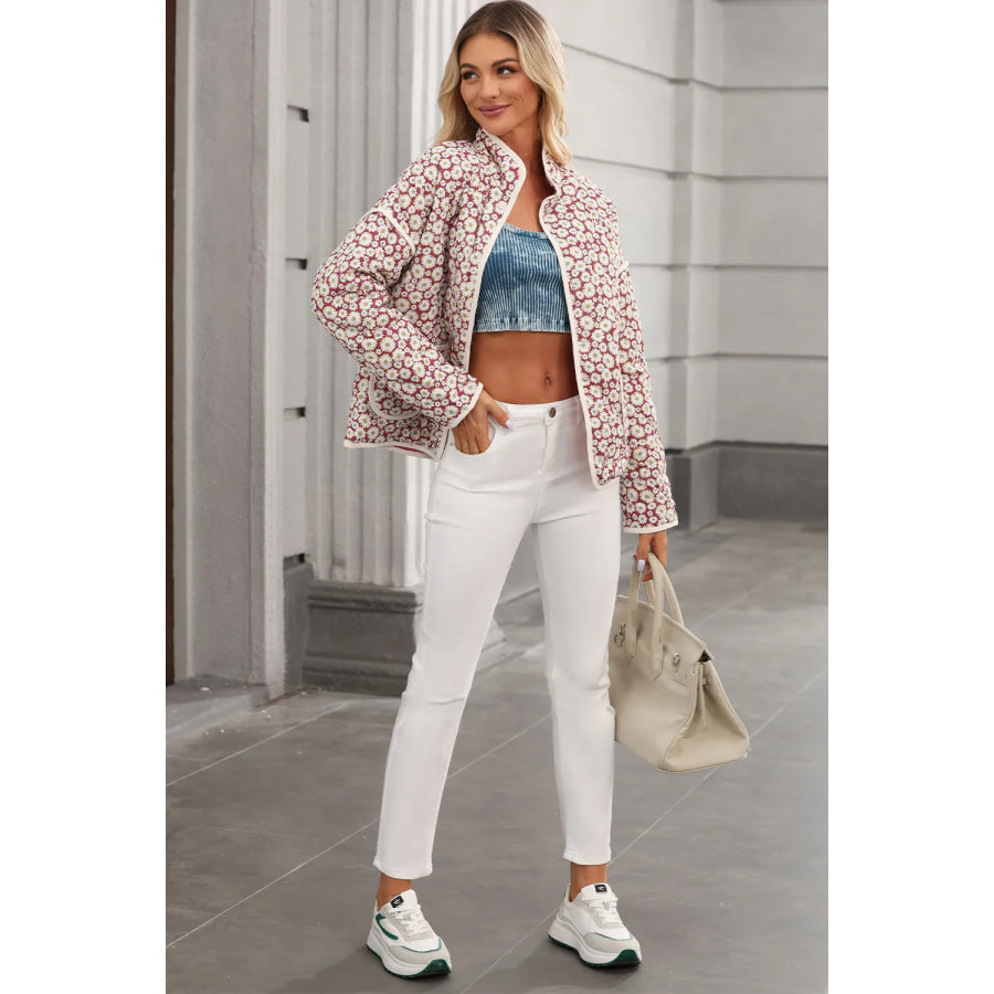 Floral Snap Down Mock Neck Coat Apparel and Accessories