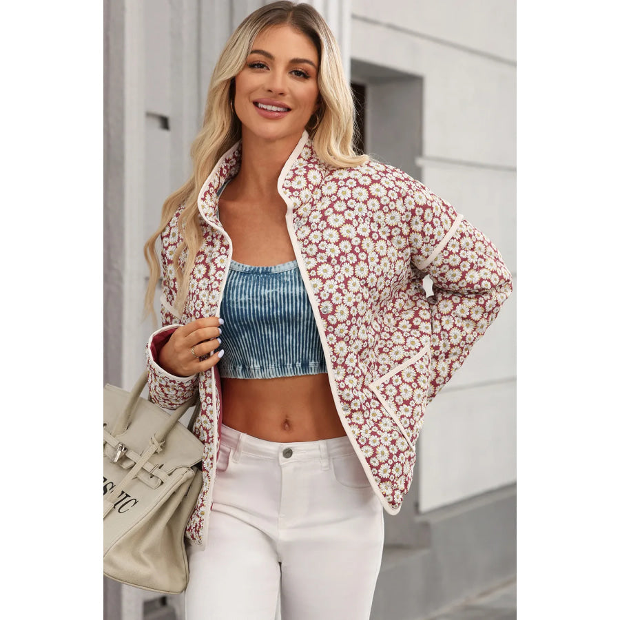 Floral Snap Down Mock Neck Coat Apparel and Accessories