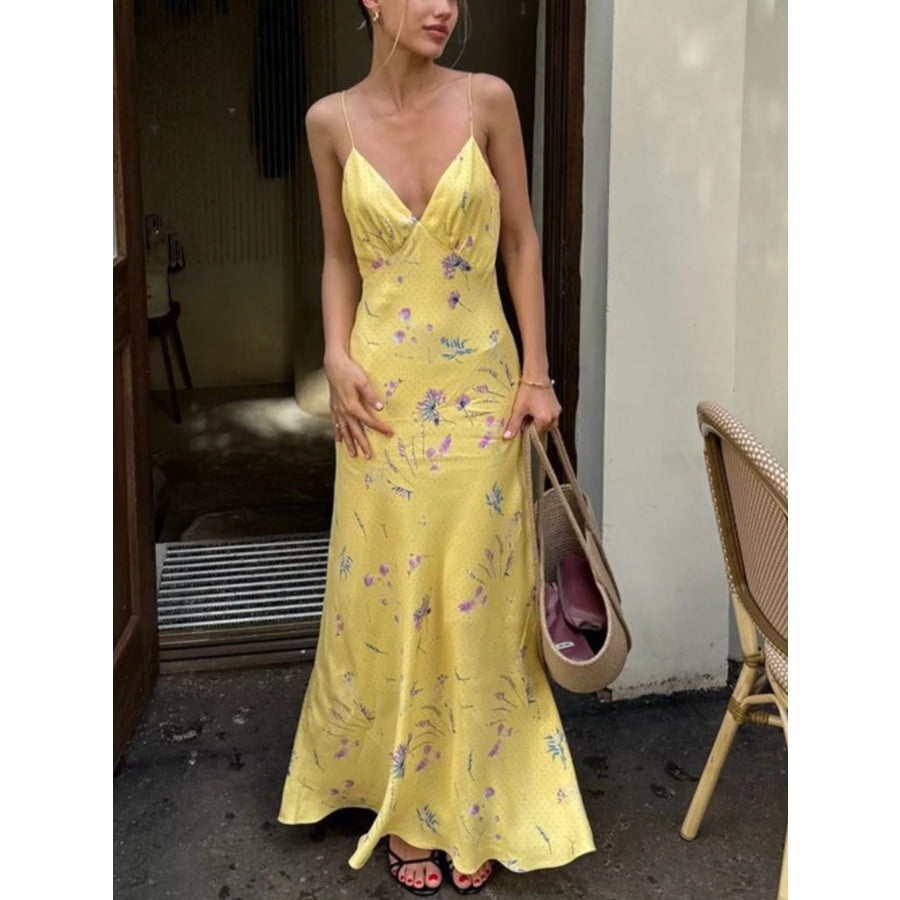 Floral Spaghetti Straps Maxi Dress Yellow / S Apparel and Accessories