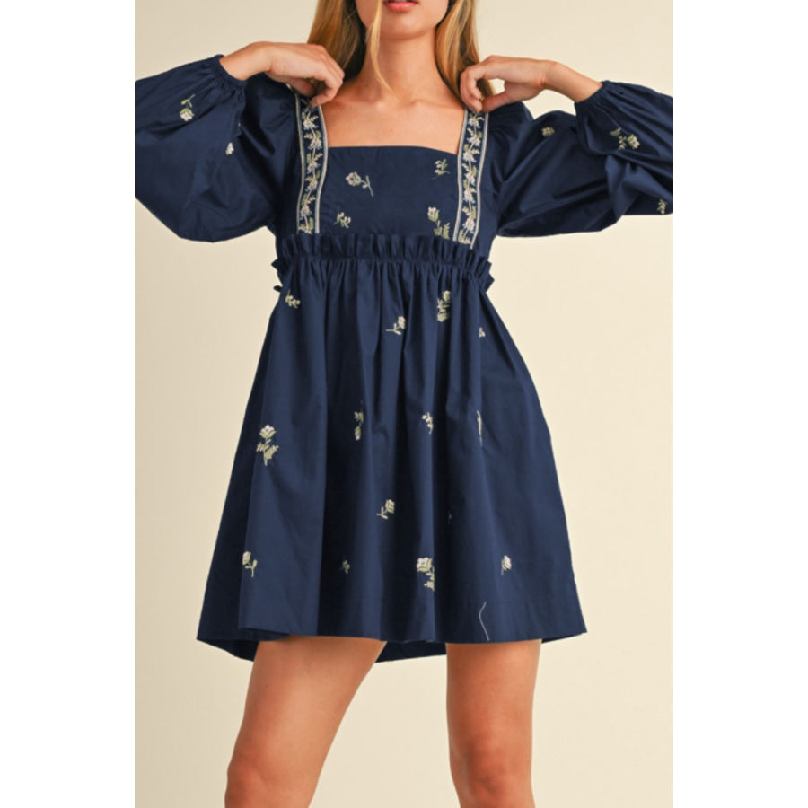 Floral Square Neck Balloon Sleeve Mini Dress Apparel and Accessories