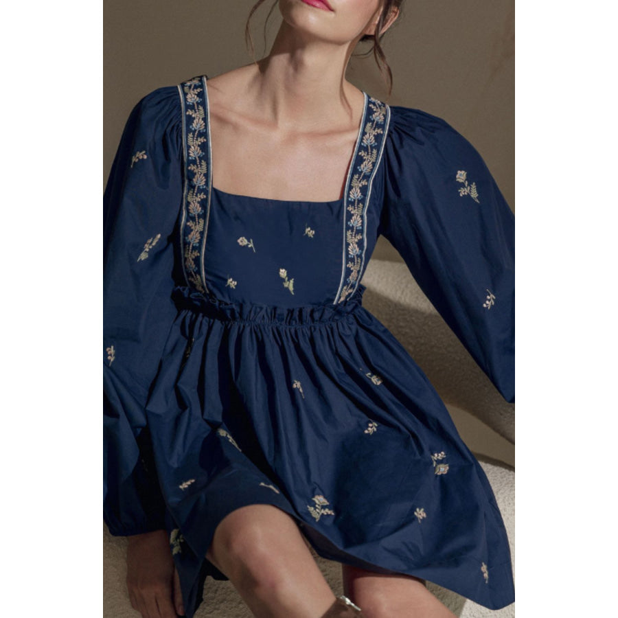 Floral Square Neck Balloon Sleeve Mini Dress Apparel and Accessories