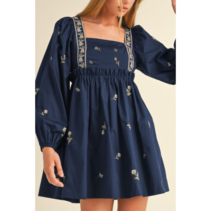 Floral Square Neck Balloon Sleeve Mini Dress Apparel and Accessories