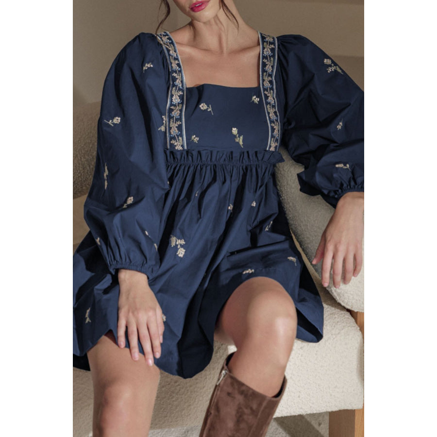 Floral Square Neck Balloon Sleeve Mini Dress Dark Navy / S Apparel and Accessories