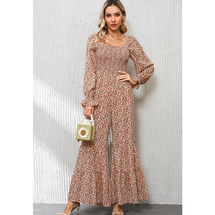 Floral Square Neck Ruffled Wide Leg Jumpsuit Apparel and Accessories