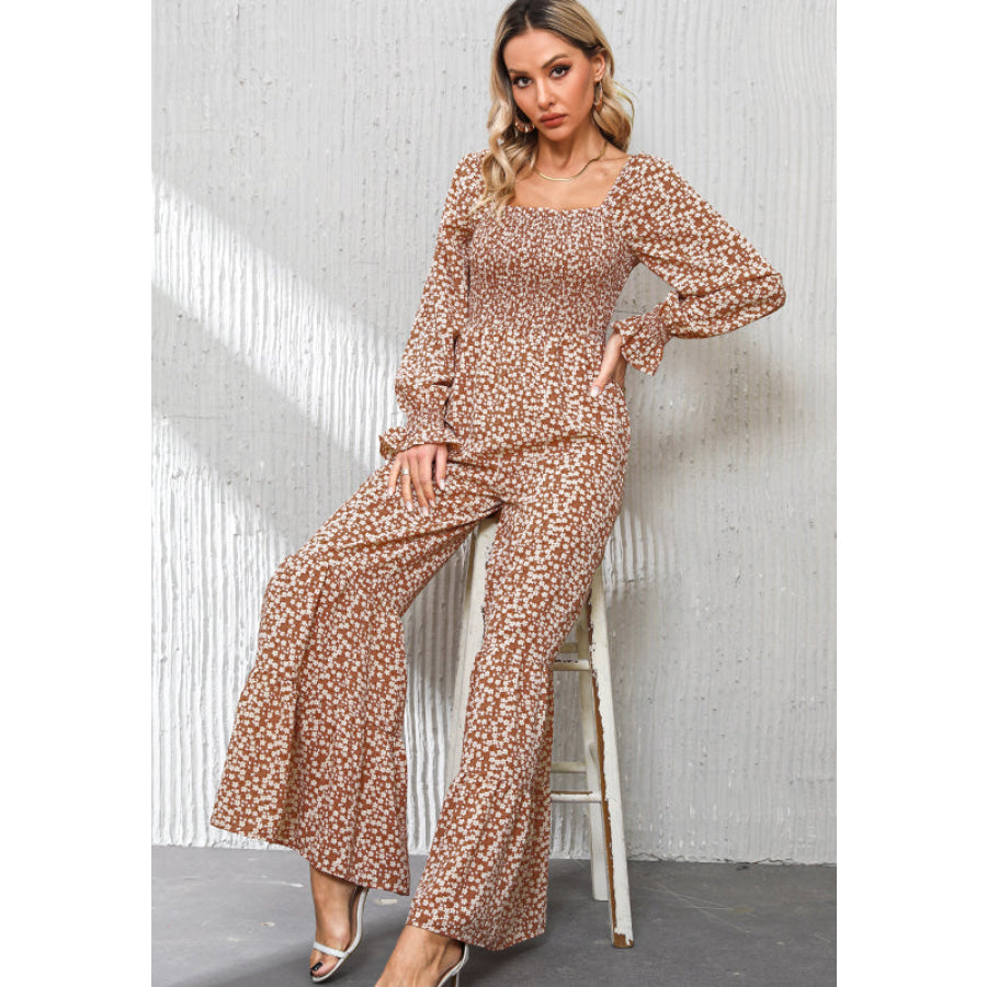 Floral Square Neck Ruffled Wide Leg Jumpsuit Apparel and Accessories