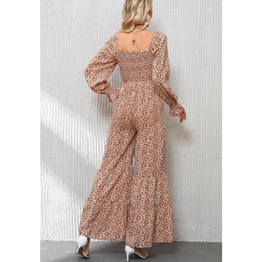 Floral Square Neck Ruffled Wide Leg Jumpsuit Apparel and Accessories