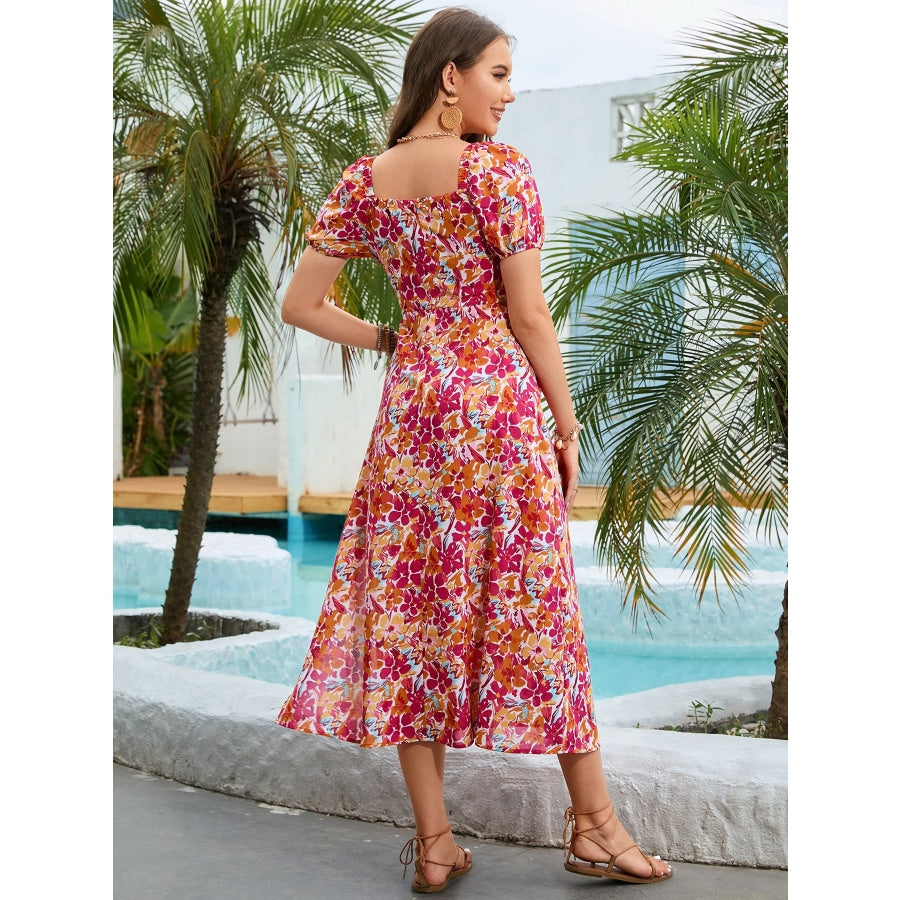 Floral Square Neck Short Sleeve Midi Dress