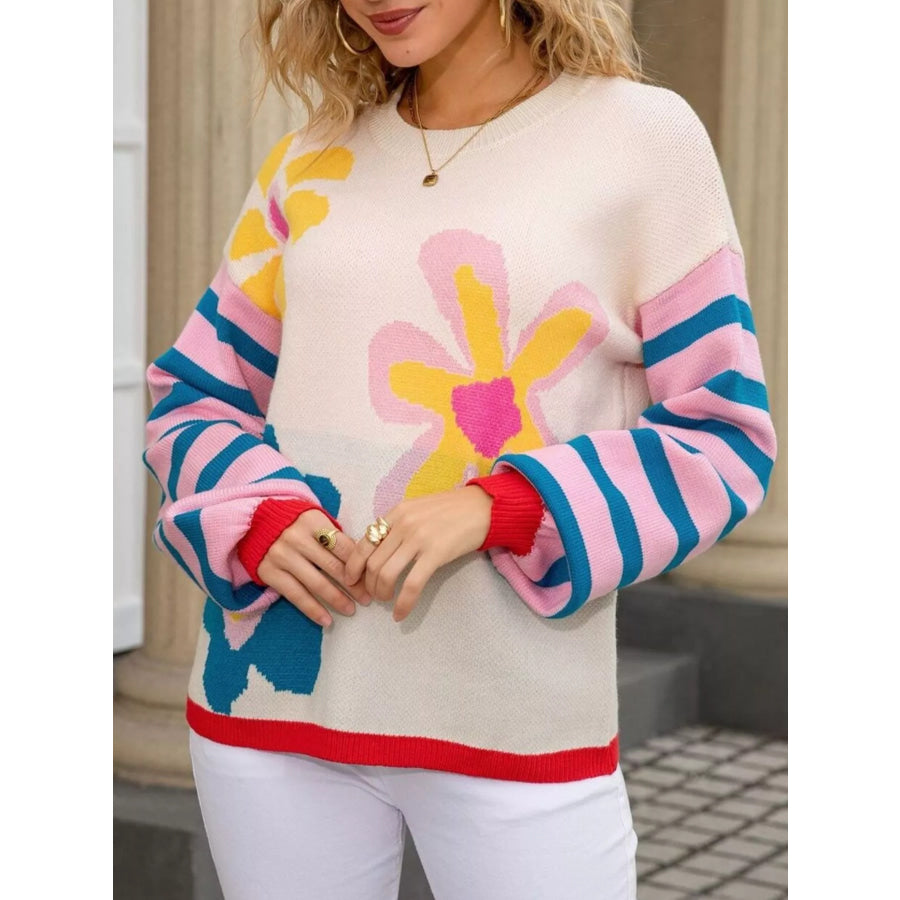 Floral Striped Crew Neck Sweater Apparel and Accessories