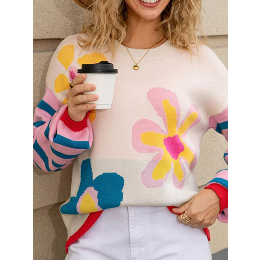 Floral Striped Crew Neck Sweater Apparel and Accessories