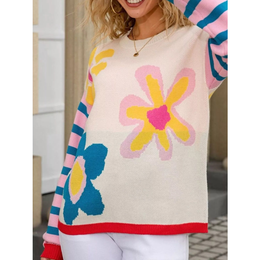 Floral Striped Crew Neck Sweater Apparel and Accessories