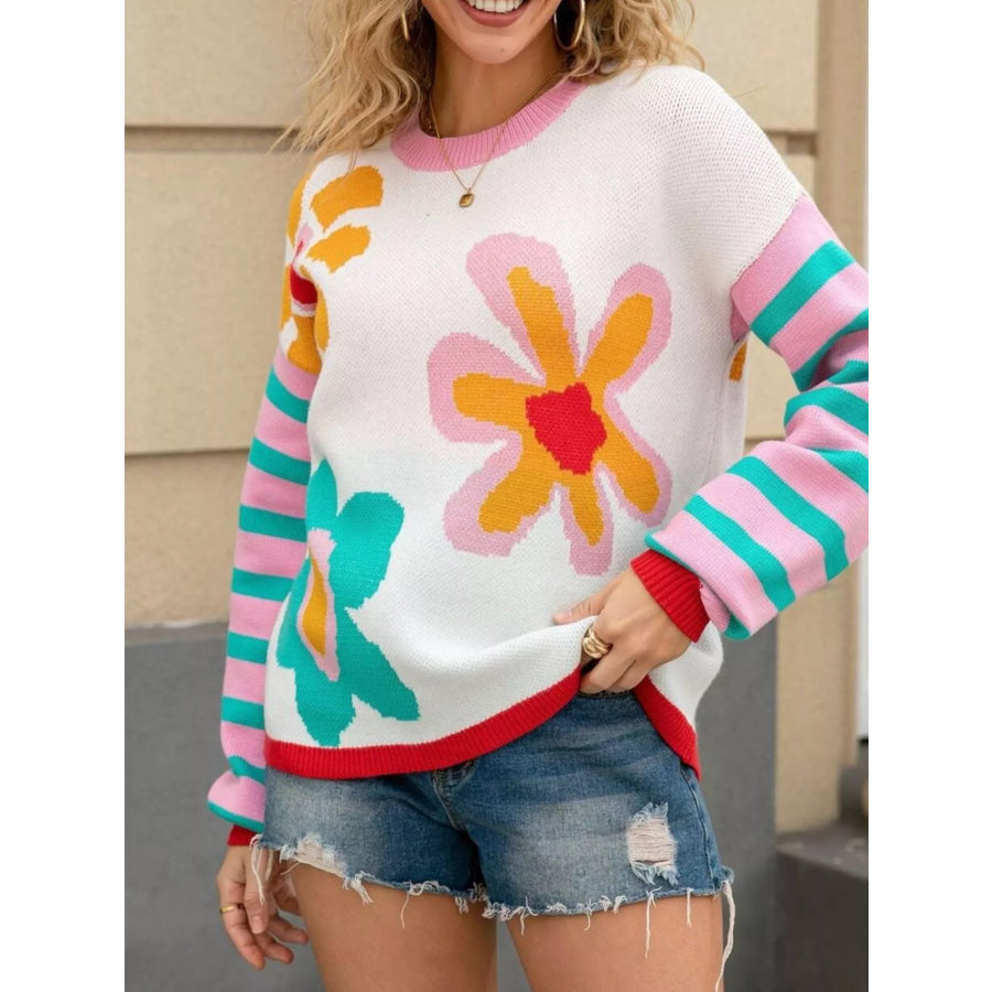 Floral Striped Crew Neck Sweater Apparel and Accessories