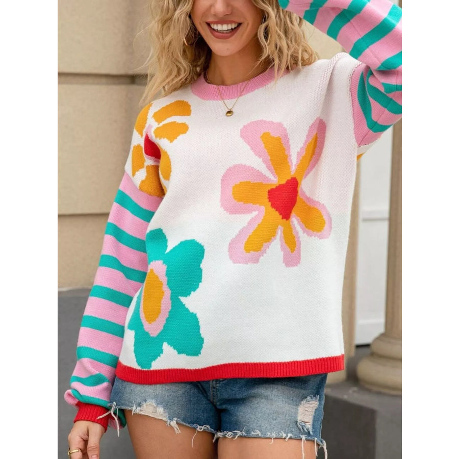 Floral Striped Crew Neck Sweater Apparel and Accessories