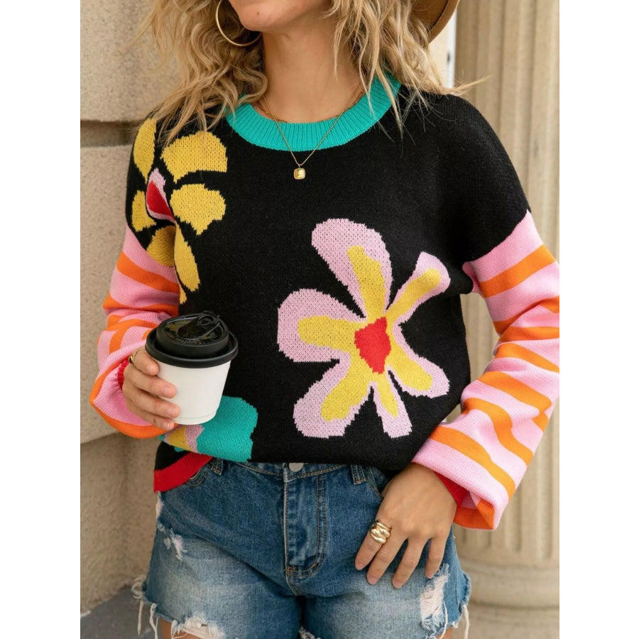 Floral Striped Crew Neck Sweater Apparel and Accessories