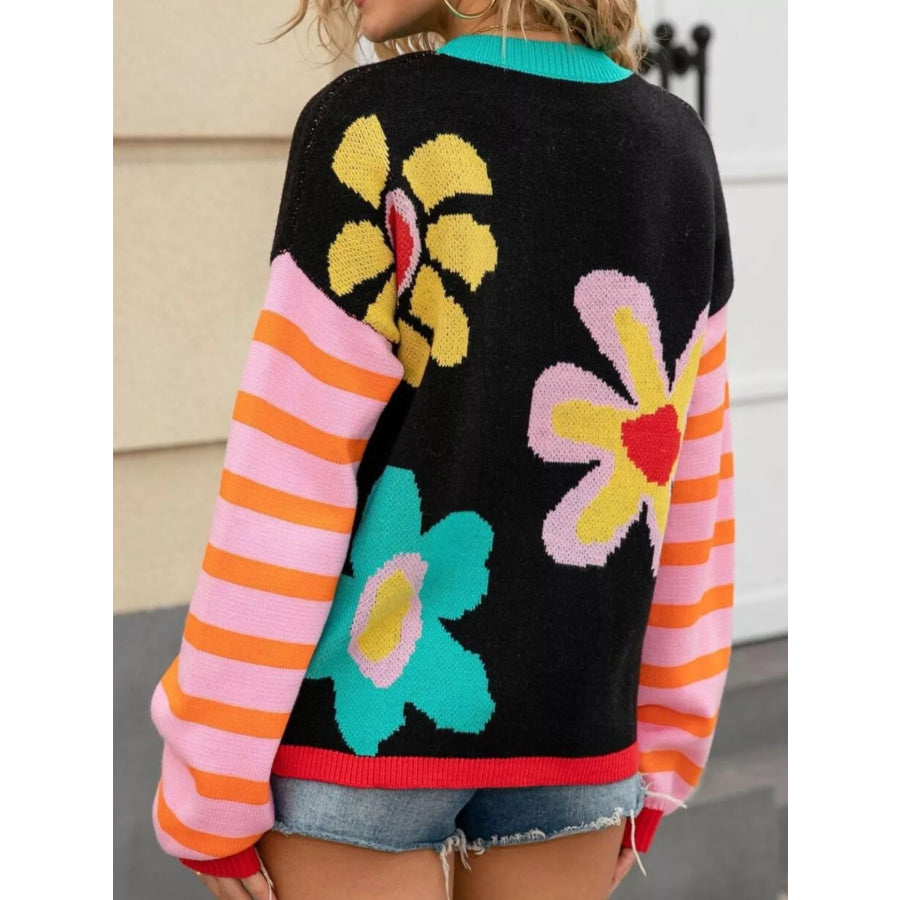 Floral Striped Crew Neck Sweater Apparel and Accessories