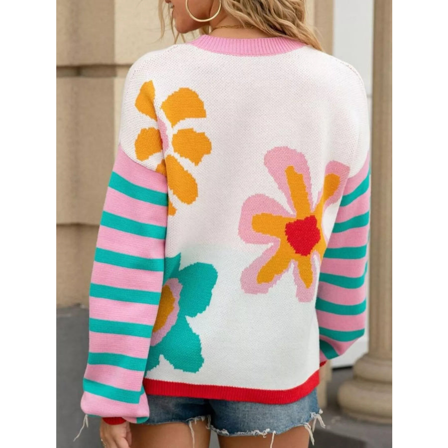 Floral Striped Crew Neck Sweater Apparel and Accessories