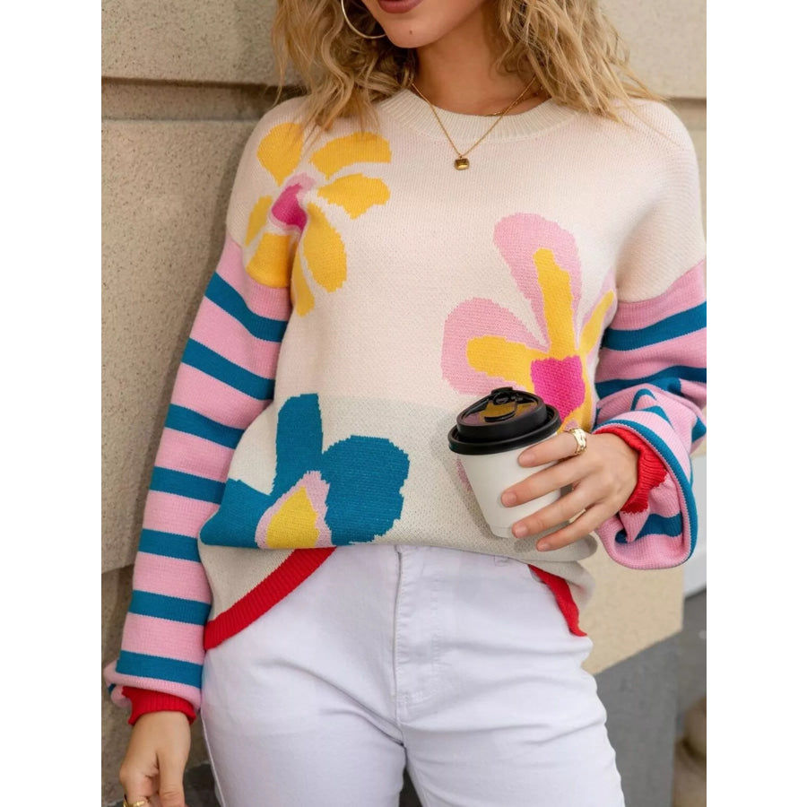 Floral Striped Crew Neck Sweater Apparel and Accessories