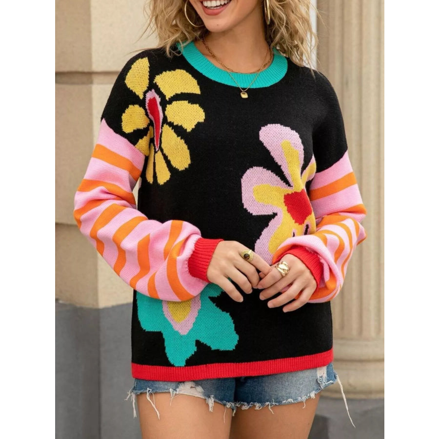 Floral Striped Crew Neck Sweater Apparel and Accessories