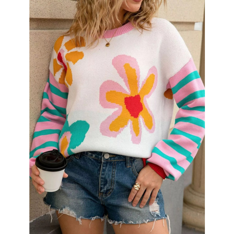 Floral Striped Crew Neck Sweater Apparel and Accessories