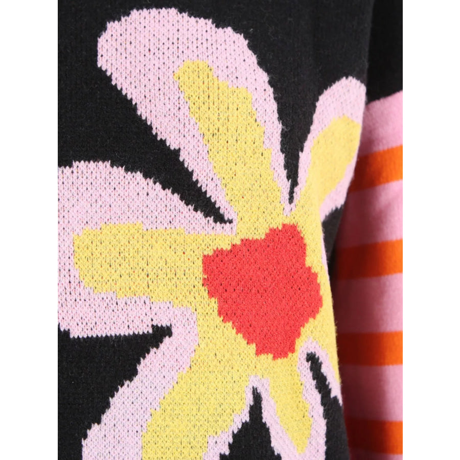 Floral Striped Crew Neck Sweater Apparel and Accessories