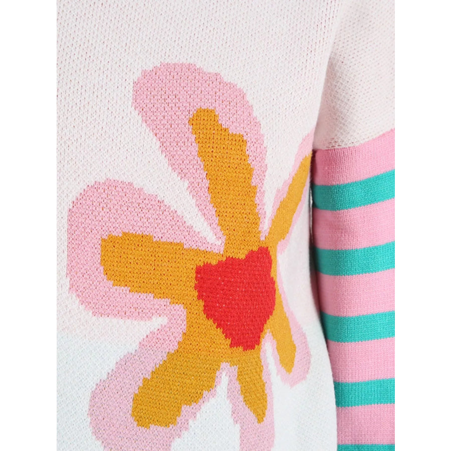 Floral Striped Crew Neck Sweater Apparel and Accessories