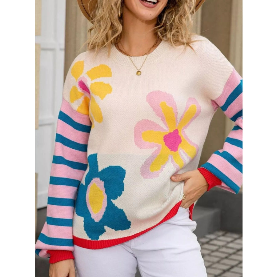 Floral Striped Crew Neck Sweater Apricot / S Apparel and Accessories