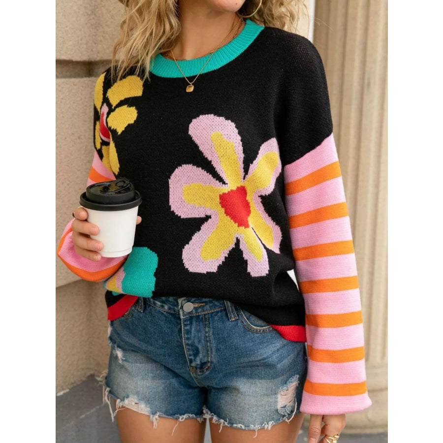 Floral Striped Crew Neck Sweater Black / S Apparel and Accessories