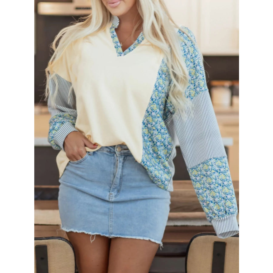 Floral Striped Drop Sleeve Collared Boxy Fit Sweatshirt Apparel and Accessories