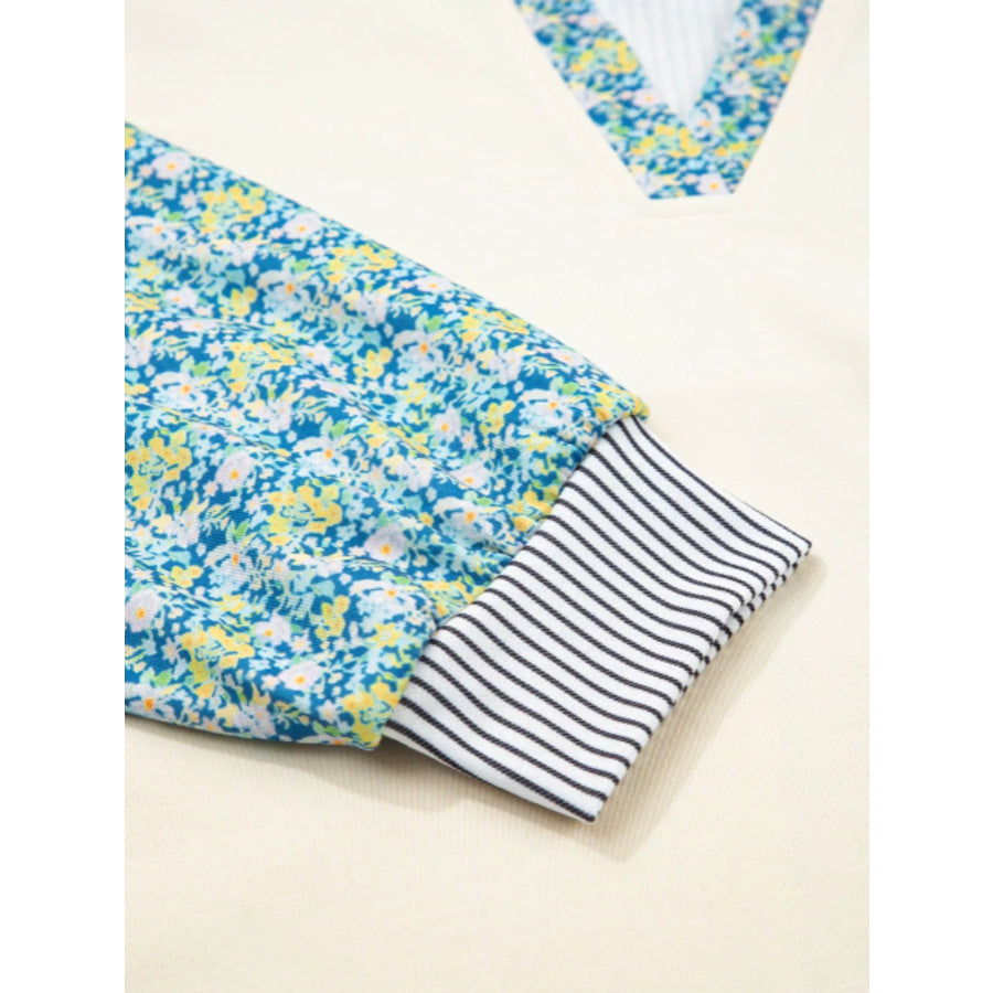 Floral Striped Drop Sleeve Collared Boxy Fit Sweatshirt Apparel and Accessories