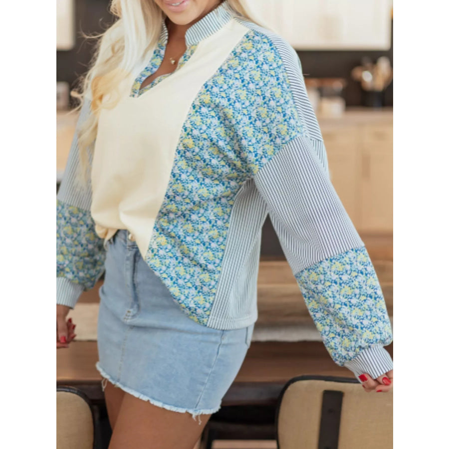 Floral Striped Drop Sleeve Collared Boxy Fit Sweatshirt Apparel and Accessories