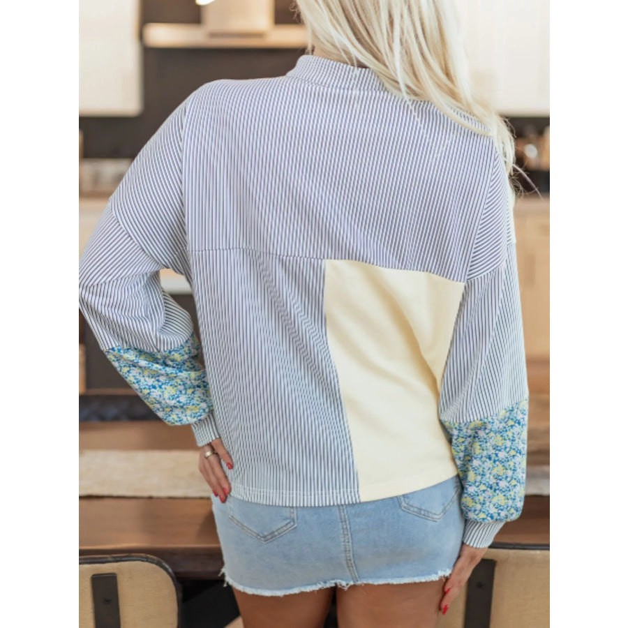 Floral Striped Drop Sleeve Collared Boxy Fit Sweatshirt Apparel and Accessories
