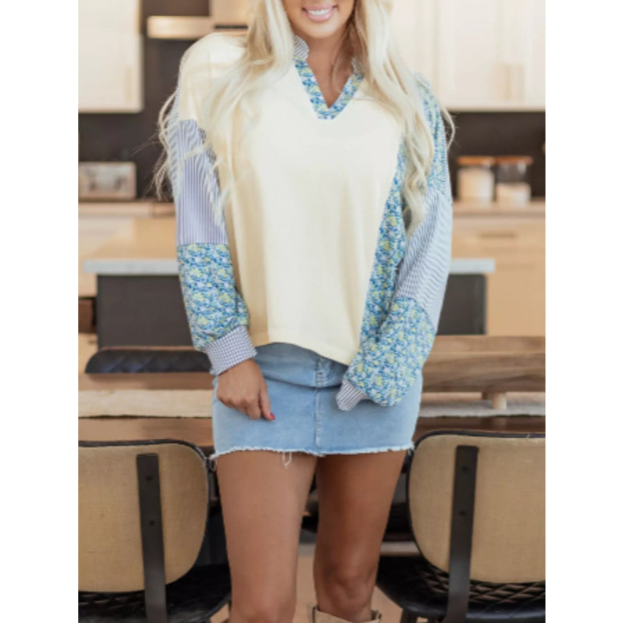 Floral Striped Drop Sleeve Collared Boxy Fit Sweatshirt Apparel and Accessories