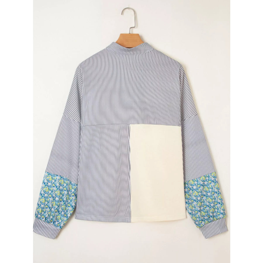 Floral Striped Drop Sleeve Collared Boxy Fit Sweatshirt Apparel and Accessories