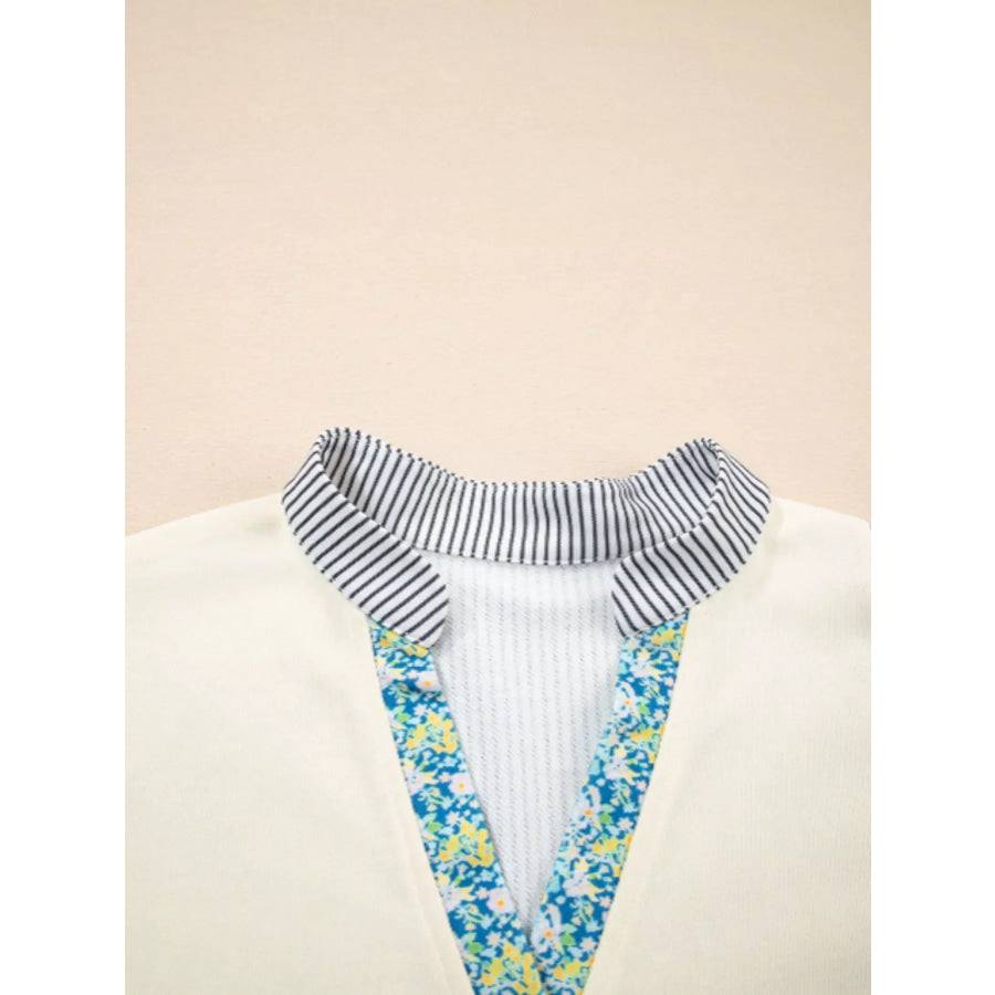 Floral Striped Drop Sleeve Collared Boxy Fit Sweatshirt Apparel and Accessories
