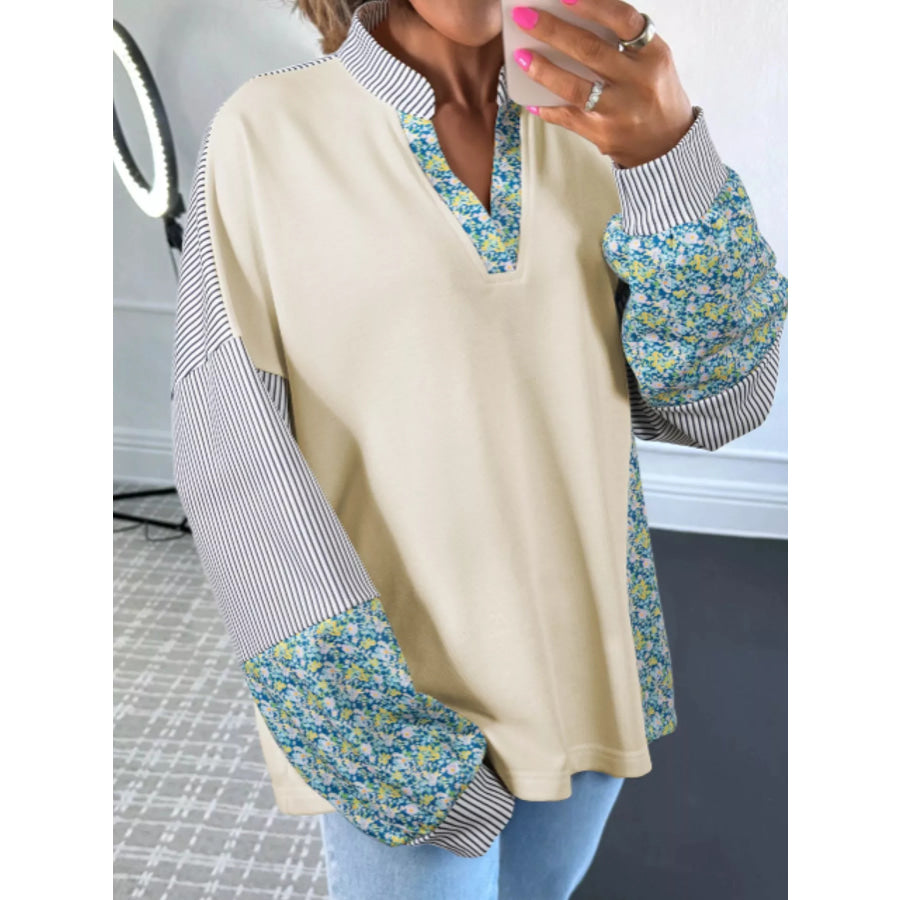 Floral Striped Drop Sleeve Collared Boxy Fit Sweatshirt Cream / S Apparel and Accessories