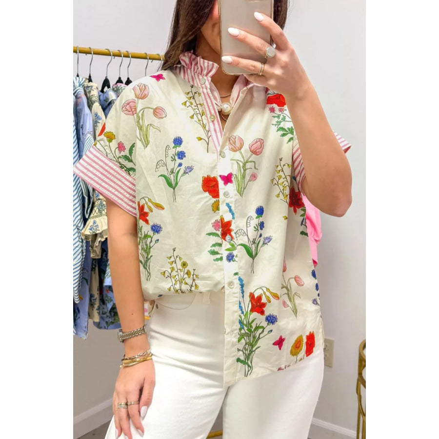 Floral Striped Patchwork Ruffled Collar Short Sleeve Shirt Apparel and Accessories