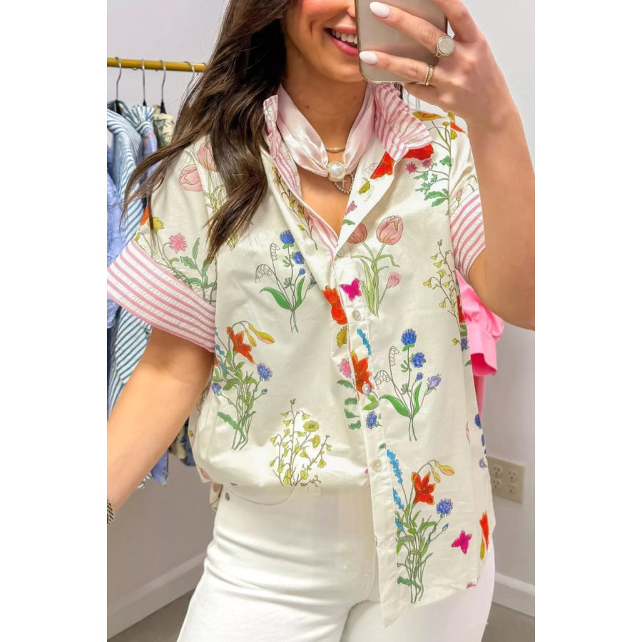 Floral Striped Patchwork Ruffled Collar Short Sleeve Shirt Apparel and Accessories