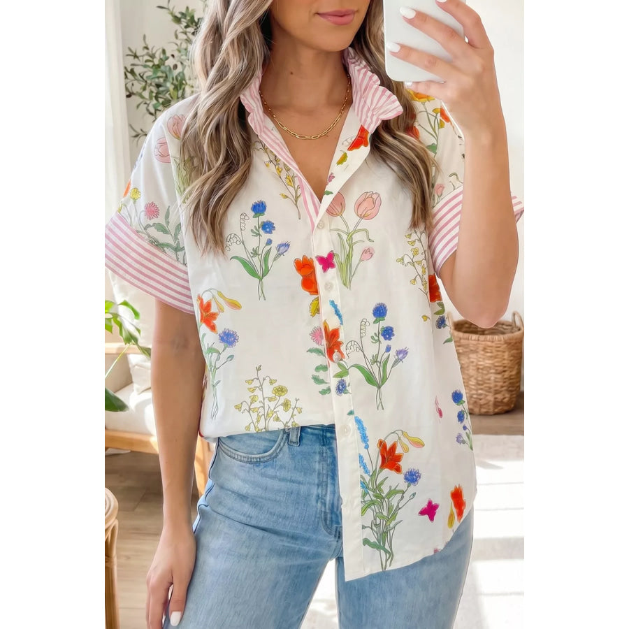 Floral Striped Patchwork Ruffled Collar Short Sleeve Shirt Apparel and Accessories