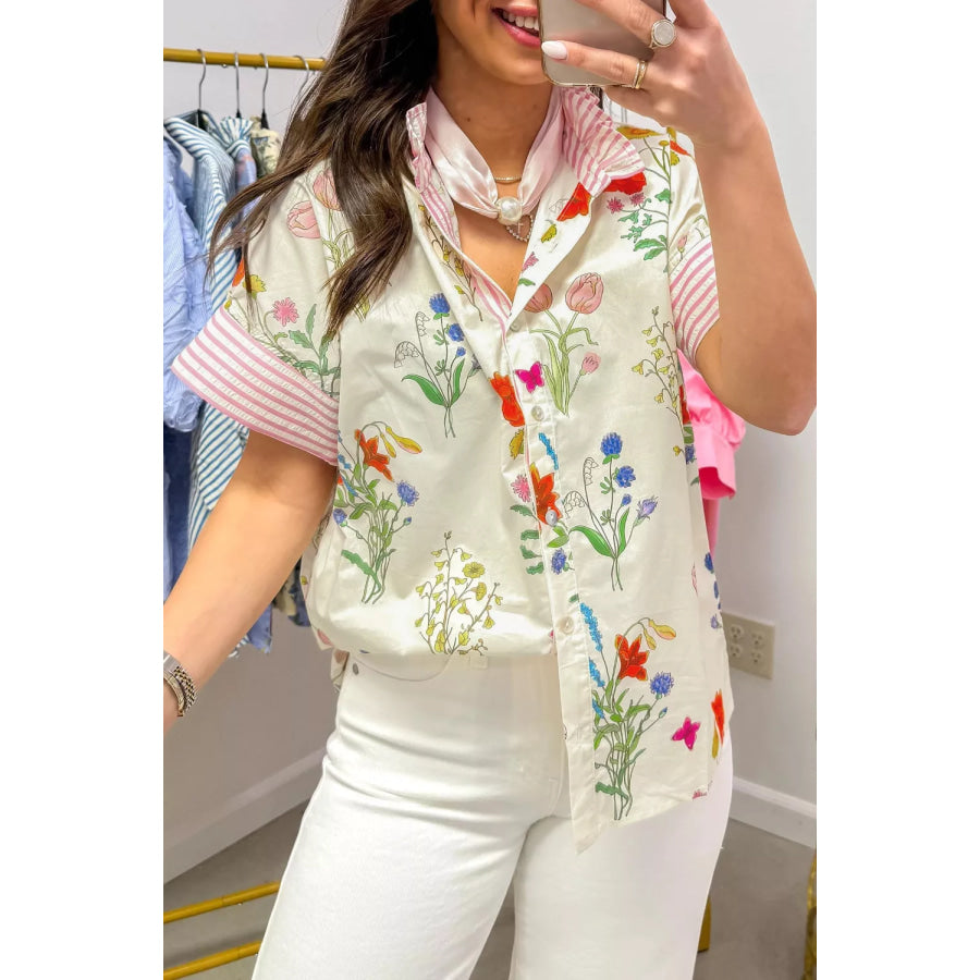 Floral Striped Patchwork Ruffled Collar Short Sleeve Shirt Apparel and Accessories