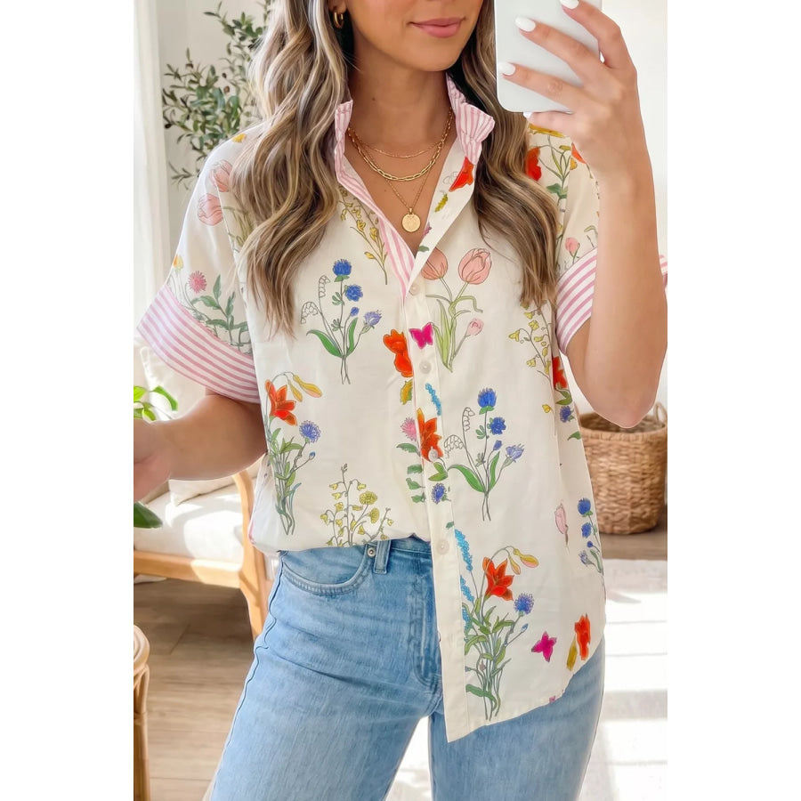 Floral Striped Patchwork Ruffled Collar Short Sleeve Shirt Beige / S Apparel and Accessories