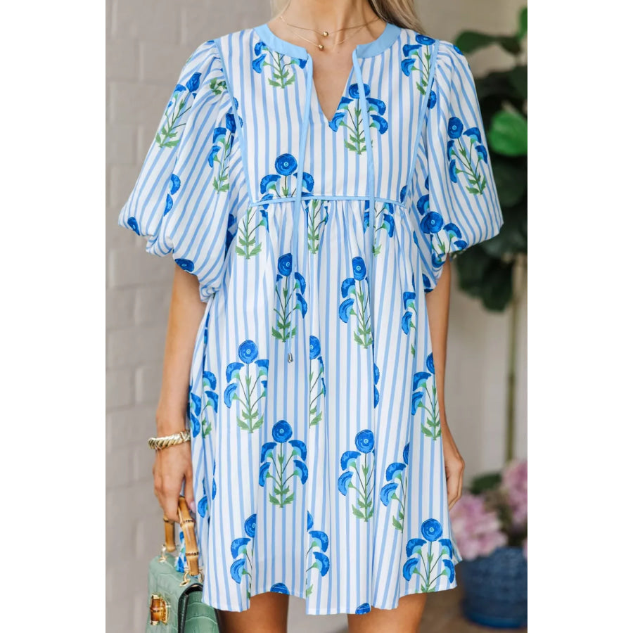 Floral Striped Print Tie Notched Neck Puff Sleeve Flared Mini Dress Apparel and Accessories